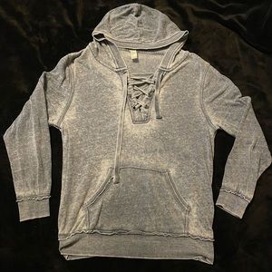 Soft, Lightweight Gray/Blue Pull Over Hoodie, Green Tea, Size S